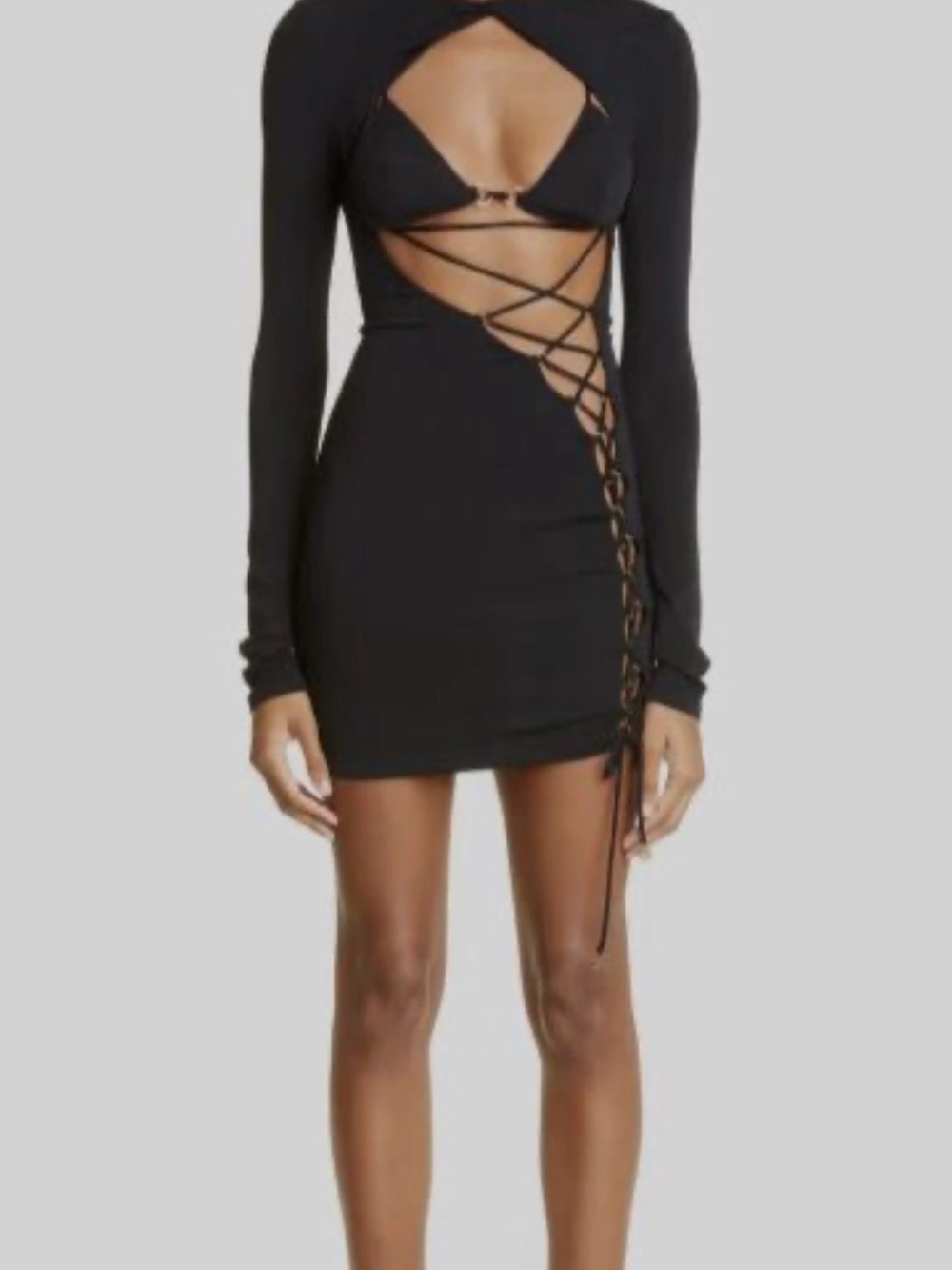 DUNDAS Black Long-Sleeve Lace-Up Cutout Mini Dress